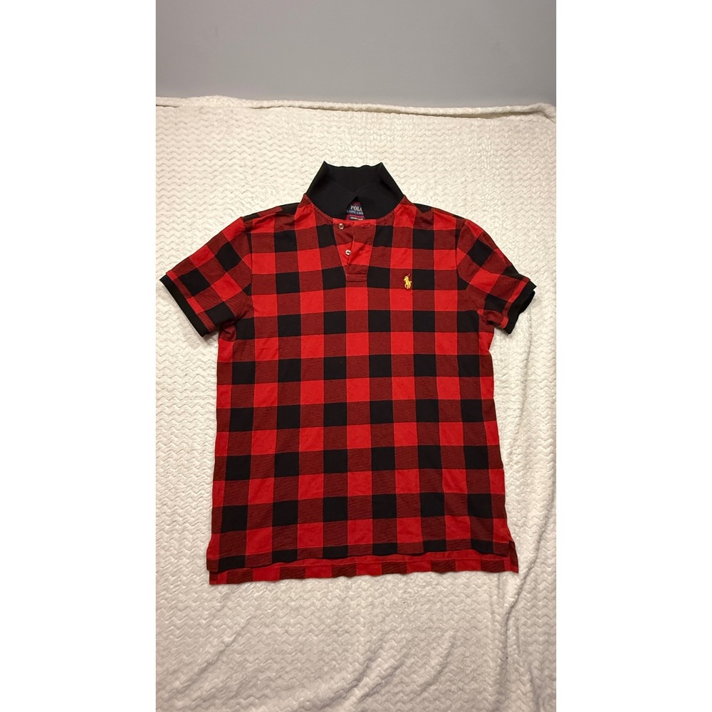 Polo Ralph Lauren Mens Red Black Buffalo Plaid Custom Slim Fit Polo Shirt L